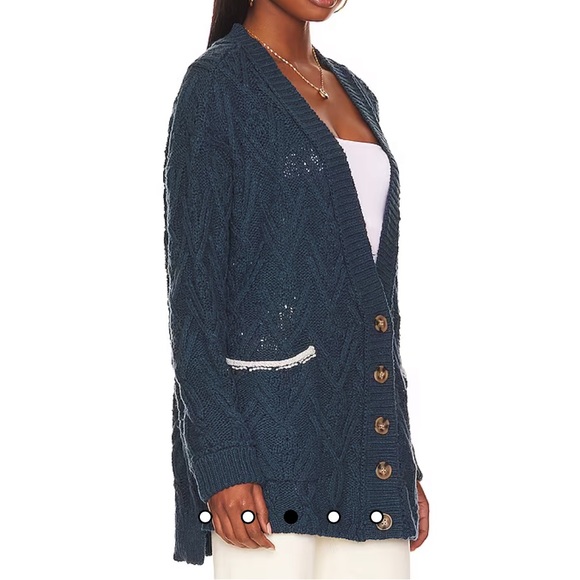 Free People Montana Cable Knit Cardigan in Varsity Navy Blue - Picture 3 of 7